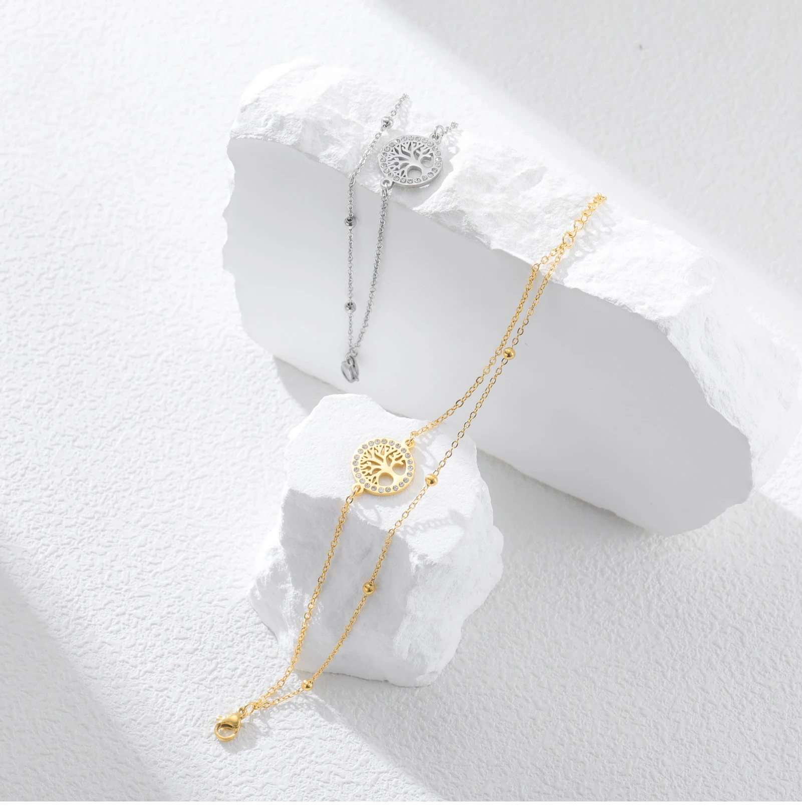 CoolTime Baum des Lebens Ring Zirkon Damenarmbänder Edelstahl Doppelketten Schmuck Goldfarben Mode Amulett Geschenk – Detail 13
