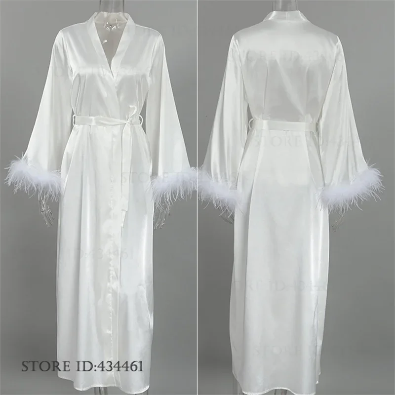Elegant Feather Cuffs Bride Wedding Robe Night Dress Female Long Bathrobe Kimono Gown Loungewear Silky Satin Sleepwear Homewear