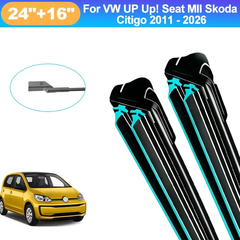 For VW UP Up! Seat MII Skoda Citigo 2011-2026 24+26 Inch Front Wiper Blades Double Rubber Windshield Windscreen Car Accessories