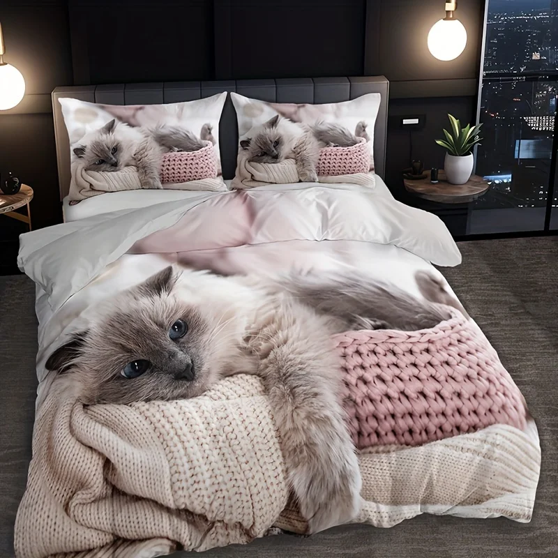 Lazy Cat Animal Duvet Cover Set (1 Duvet Cover+2 Pillowcase Without Pillow Insert) Soft Comfortable HD Printing Bedding For Home