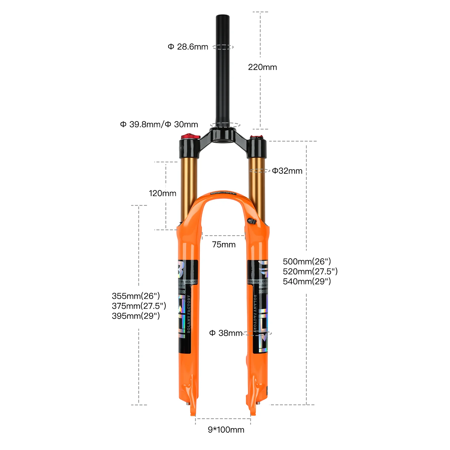 BOLANY Bike Fork Solo Air Orange MTB Bicycle Front Suspension Straight/Tapered RL/LO 26/27.5/29inch Magnesium Alloy QuickRelease