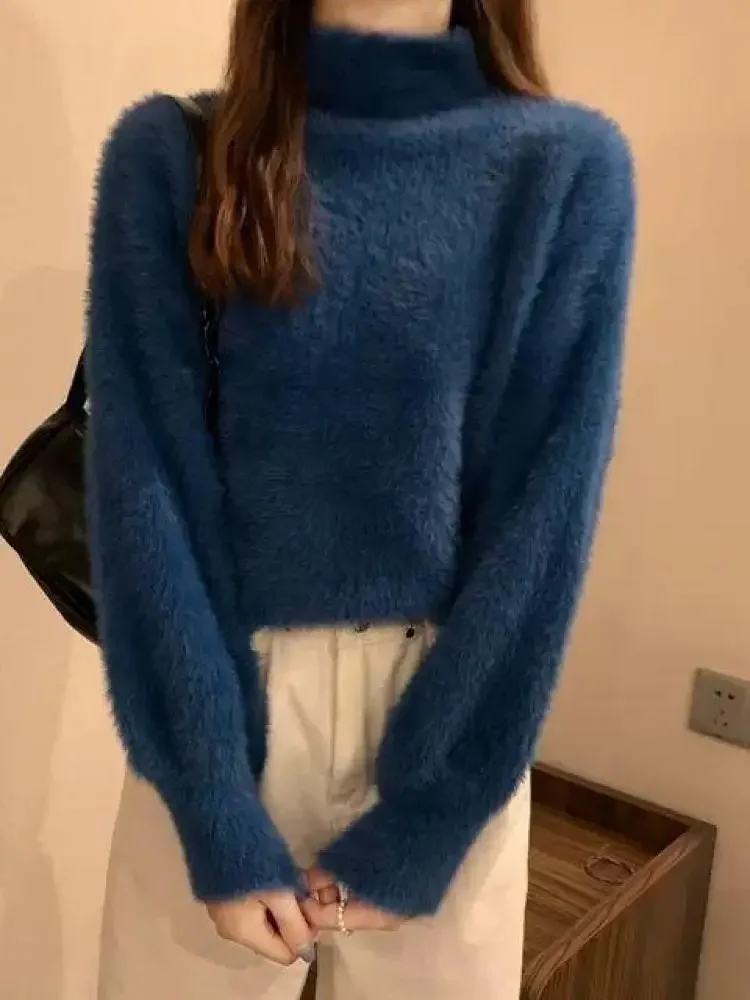 Weiche Warme Tops Winter Imitieren Nerz Wolle Heißer Fleece Weibliche Rollkragen Verdicken Elastische Casual Pullover Frauen Gestrickte Pullover
