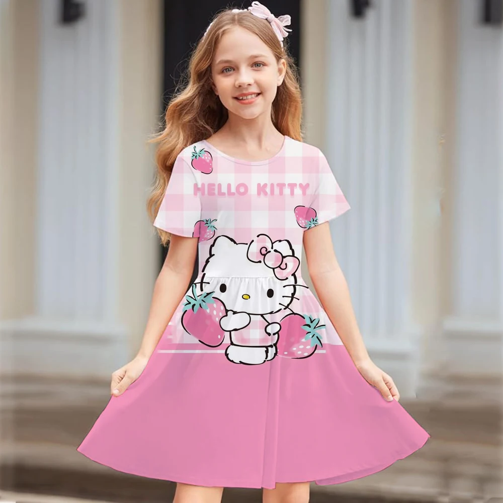 

MINISO Hello Kitty и друзья, лето 2022, для детей от 3 до 14 лет, дышащее платье из искусственного хлопка с короткими рукавами для девочек