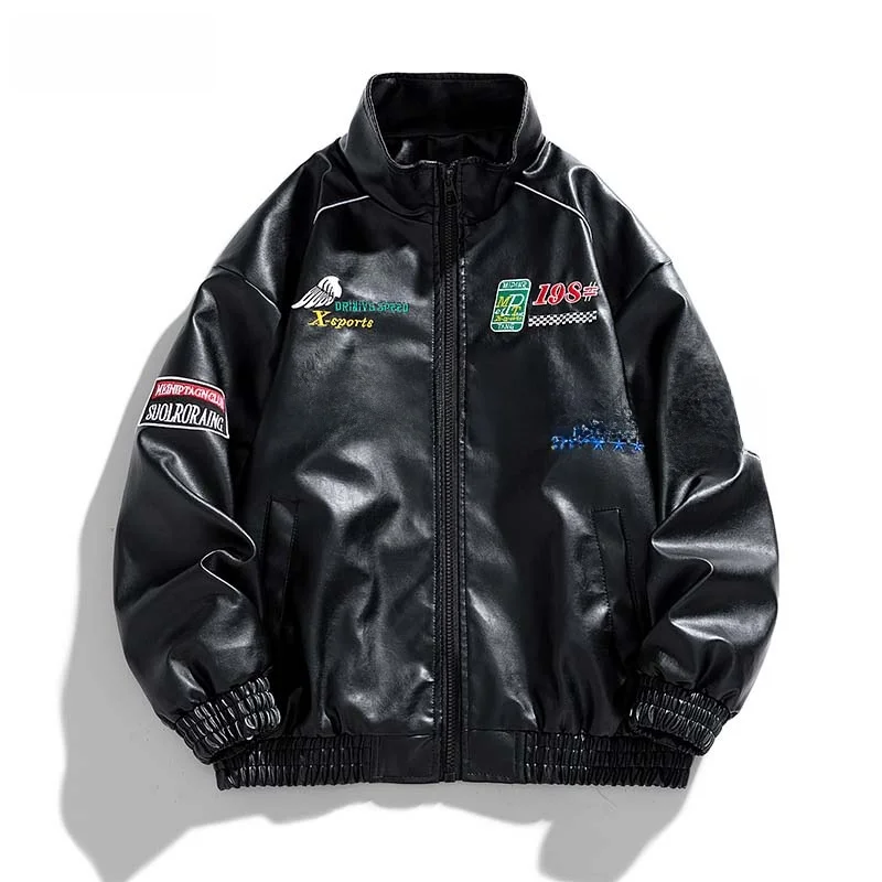 

Модная мужская куртка из искусственной кожи с вышивкой букв, воротник-стойка, свободная посадка, осенняя модная верхняя одежда, водонепроницаемая длинная све