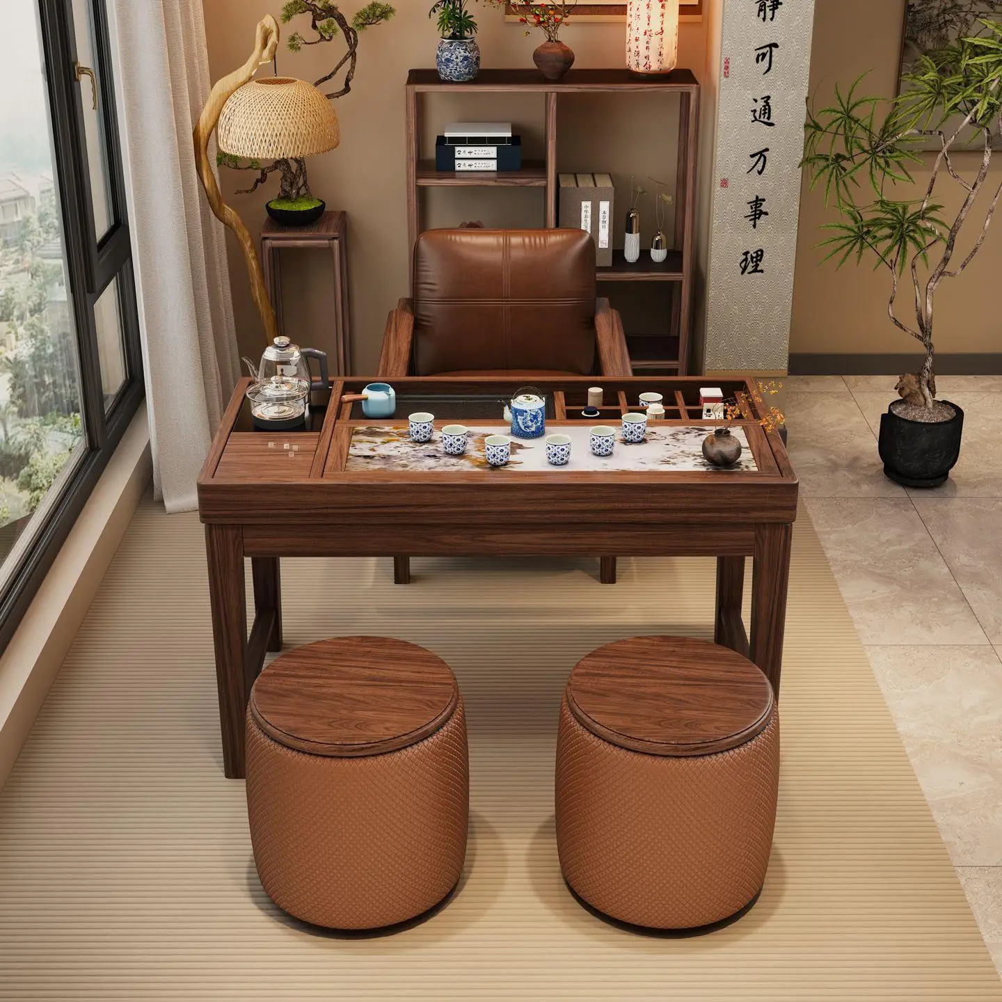 Tea table Chinese-style household small apartment balcony Tea table push-pull storage multi-function