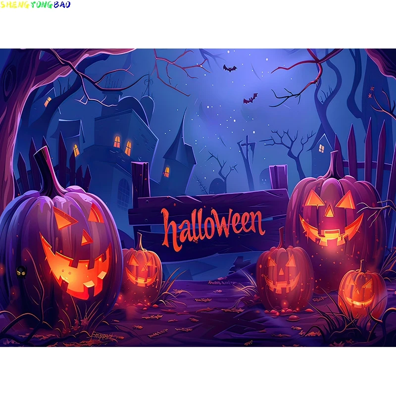 Halloween Backdrop Full Moon Scary House Night Castle Graveyard Forest Bats Pumpkin Lantern Spooky Photography Background  SJ-10