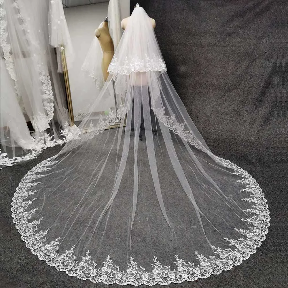 Lace Long 2 Layers Wedding Veil with Comb 3 Meters 2 T Bridal Veil with Blusher Wedding Accessories for Bride Velos de Novia