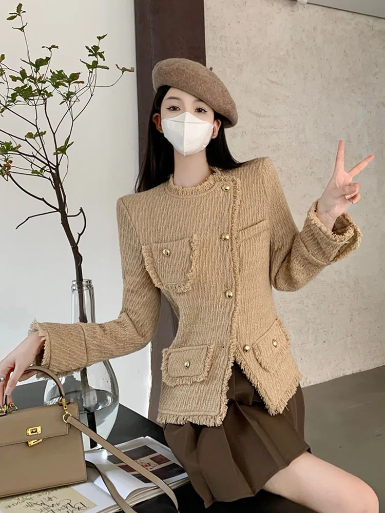 2023 New Arrival Autumn Spring French Coffee Color Vintage Style Wool Short Coat Female Clothes