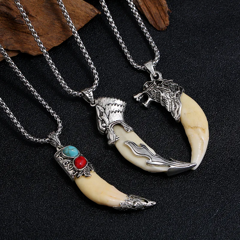 

Mighty Wolf Fang Pendant Necklace Real Natural Tibetan Mastiff Dog Teeth Not Wild For Women&Men 70cm Steel Chain Charm Jewelry