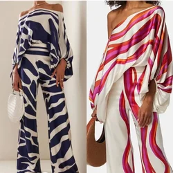 Fashion Print Satin 2 Piece Sets Women Casual Lantern Sleeve Off Shoulder Top Wide Leg Pants Suit Chic Blouse Office Lady Outfit