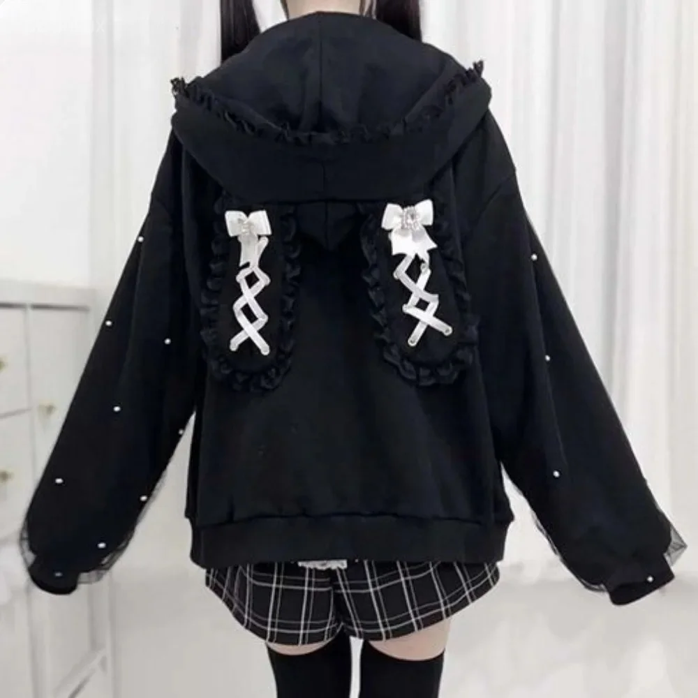 Winter 2026 Rabbit Ear Hood Jacket Zip Outerwears Bow Pearl Clothes Woman Japan Kawaii Harjuku Chaquetas De Mujer Y2k Jackets