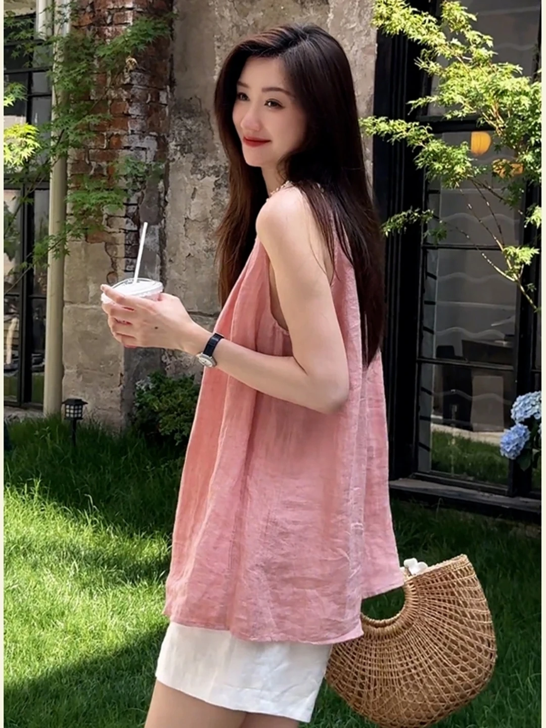 

Korean Sle Lazy Feel Pink round Ne Svel irt Women Summer New Faion Age Reduction Loose Beautiful Blouse