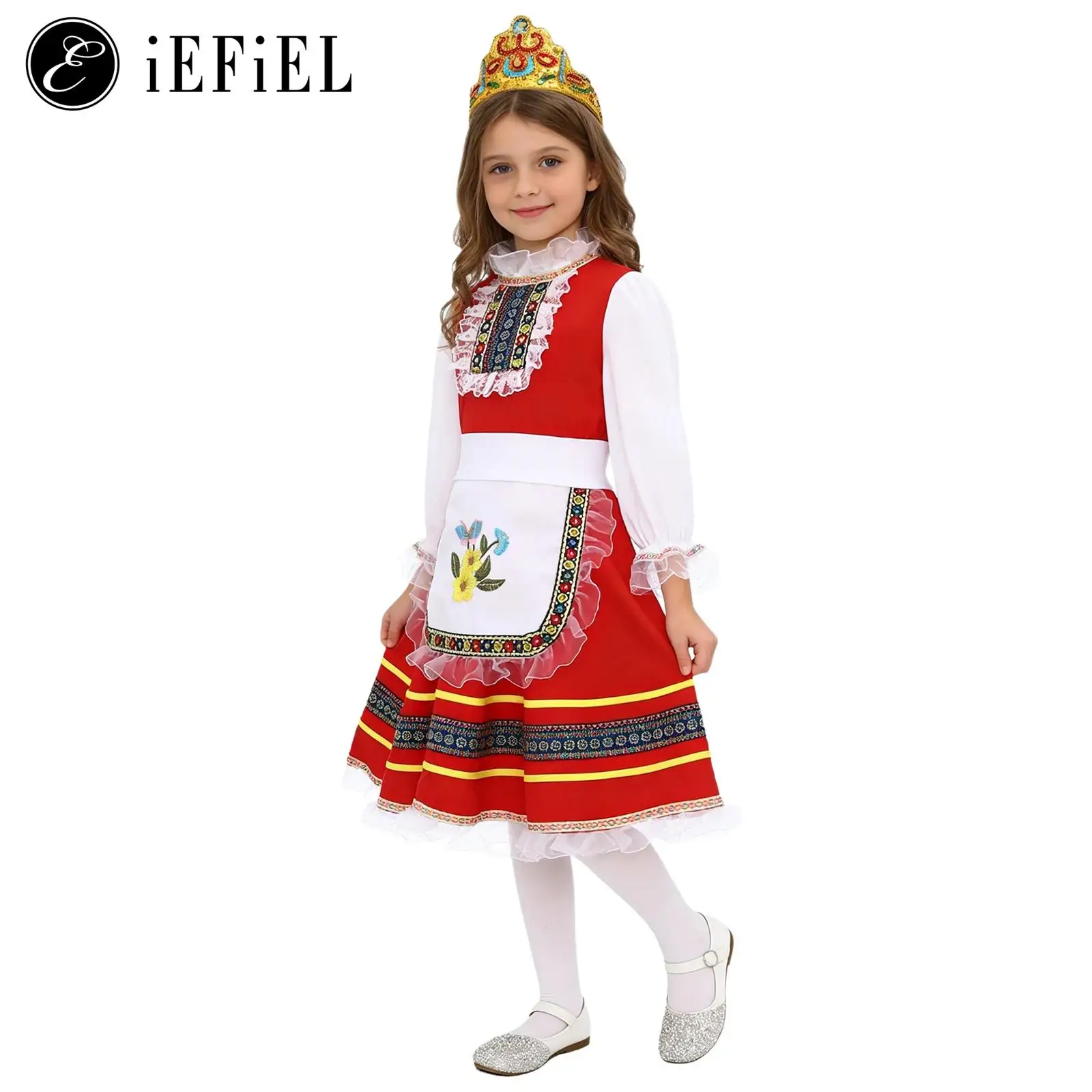 

Girls Russian Dance Costumes Embroidery Long Sleeved Red Folk Fancy Dress with Sequins Beads Hair Band And Mini Waist Apron Set