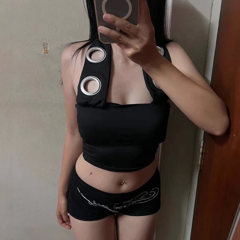 

Sexy Hollow Out Ring Shoulder Strap Tank Top Women Sleeveless Bare Midriff Halter Crop Tops Camisole Tube Top Cropped Vest