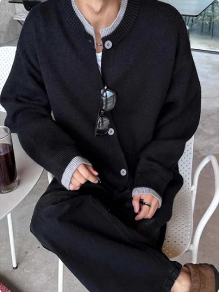 

Autumn Winter Color Blo Double Layer round Ne Splice Fake Two Piece High Quali Loose Knitted Open Cardigan Jaet for Men