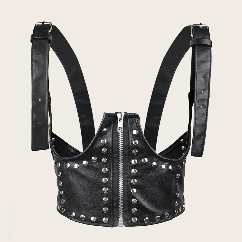 Black PU Leather Punk Belt for Women Goth Body Adjustable Waist Belts Wide Elastic Stretch Corset Cincher Waistband Accessories