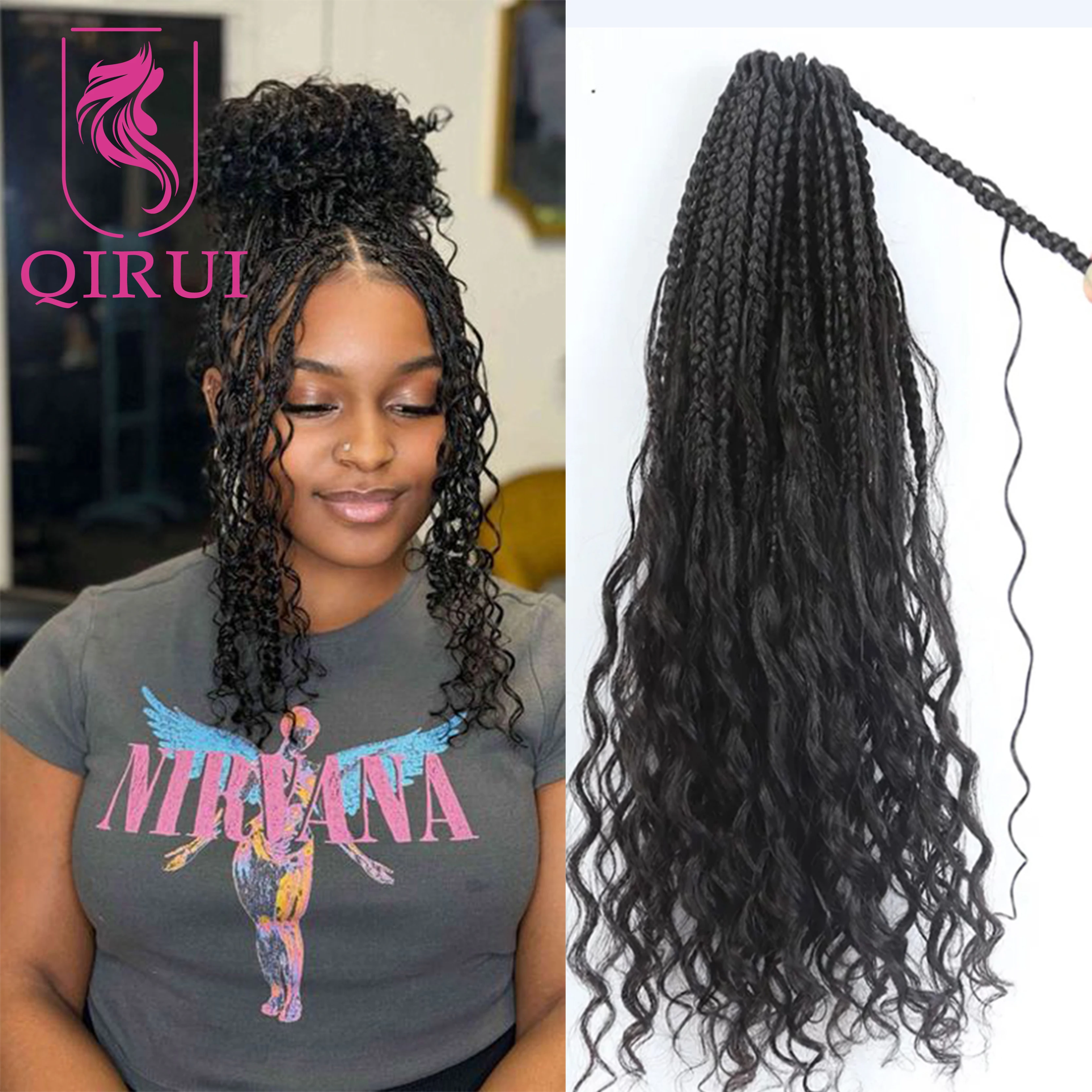 

Pre-Looped Crochet Boho Box Braids With Human Hair Curls Goddess Boho Braiding Hair Extension 14-30Inch Full Head Natural Color