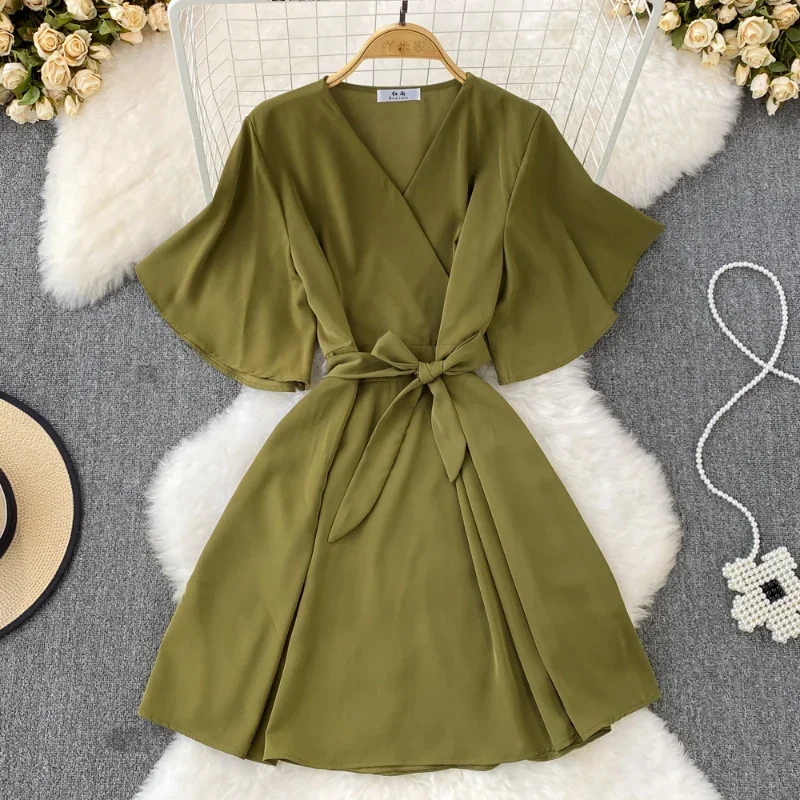 OCEANLOVE Vestidos Para Mujer Flare Sleeve Bow Bandage Solid V Neck Sexy Women Dresses Korean Fashion Summer Dress Elegant