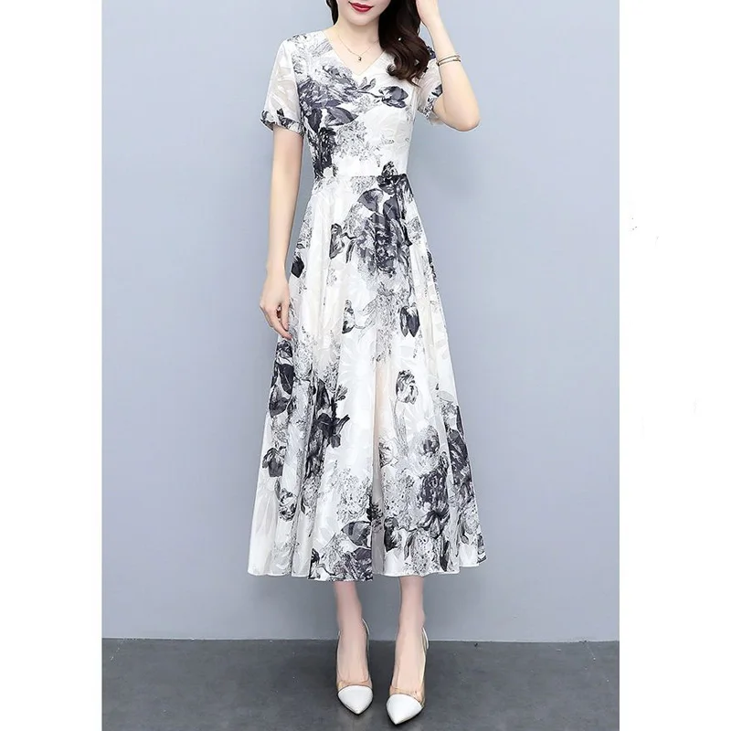 2023 New Summer Fashion Chinoiserie Retro Art V-neck Ink Wash Print Waist Tight Slim Cover Belly Temperament Commuter Dress