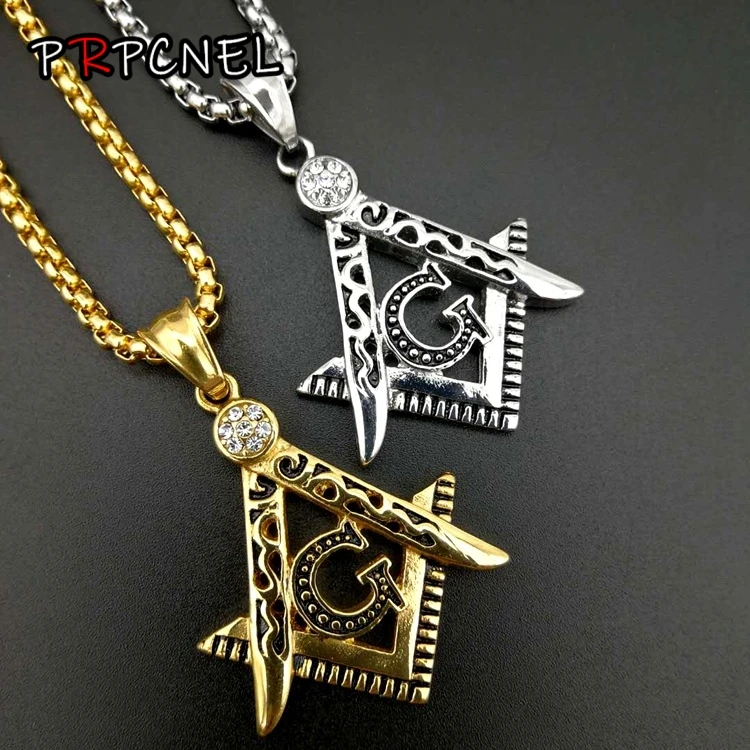 Hot sale new Free mason Masonic AG titanium steel necklace with rainstone HIPHOP pendant fashion jewelry best friends Promotion