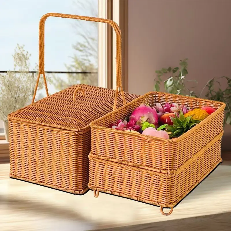 Handwoven rattan basket with lid, picnic second layer basket, hand-held rectangular worship basket, outdoor storage