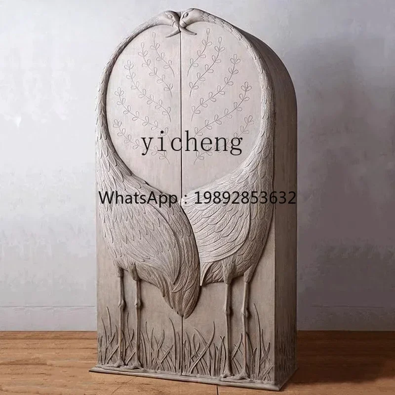 French Retro Solid Wood Double Door Light Luxury Wardrobe Carved Wings Curved Cabinet