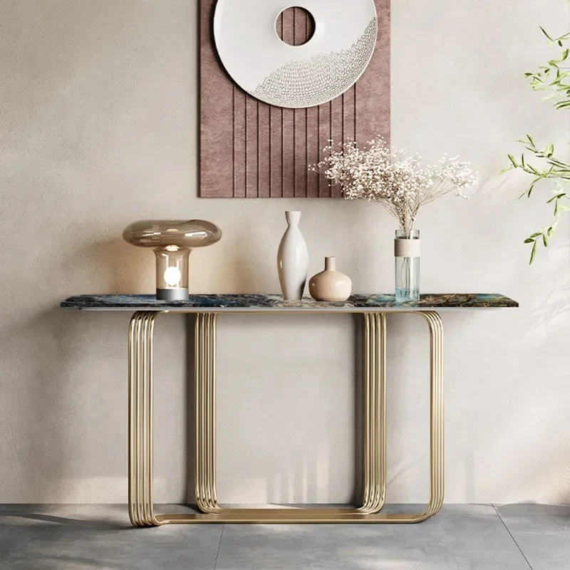 Light Luxury Stainless Steel Electroplated Titanium Entrance Table Wall Mounted Corridor Aisle Console Marble Top Entryway