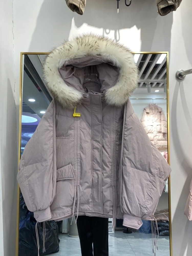 

Short Puffer Coat 2023 Loose White Duck Down Jacket Women Natural Big Real Raccoon Fur Thick Warm Female Parkas Outwear