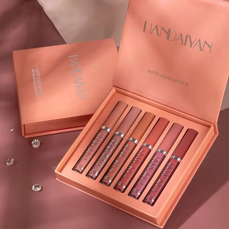 Juego de lápiz labial líquido HANDAIYAN de 6 piezas: acabado mate, brillo de labios antiadherente de larga duración, caja de regalo de maquillaje de labios impermeable para mujeres