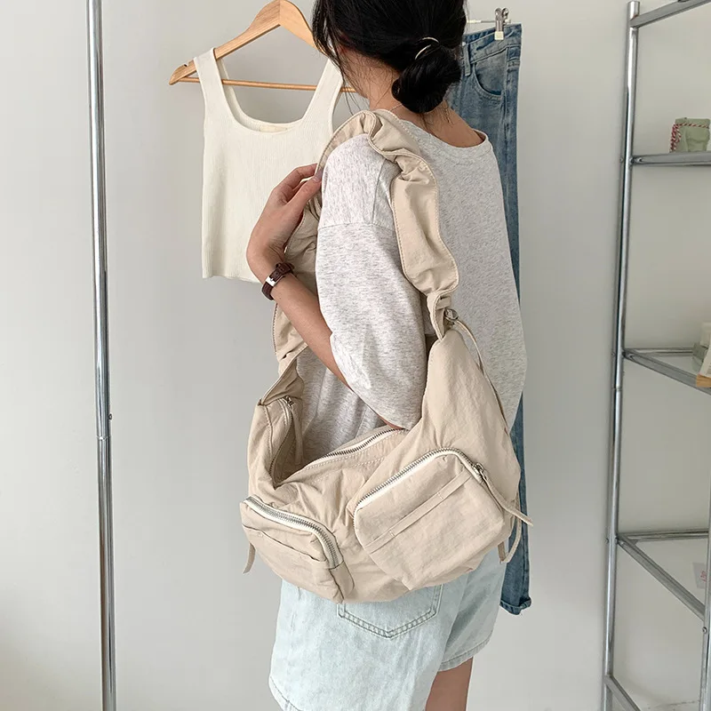 Bolso de mano fruncido informal para mujer, bolso de hombro de nailon suave, múltiples bolsillos, bolsos cruzados para mujer, bolsos con cordón de media luna