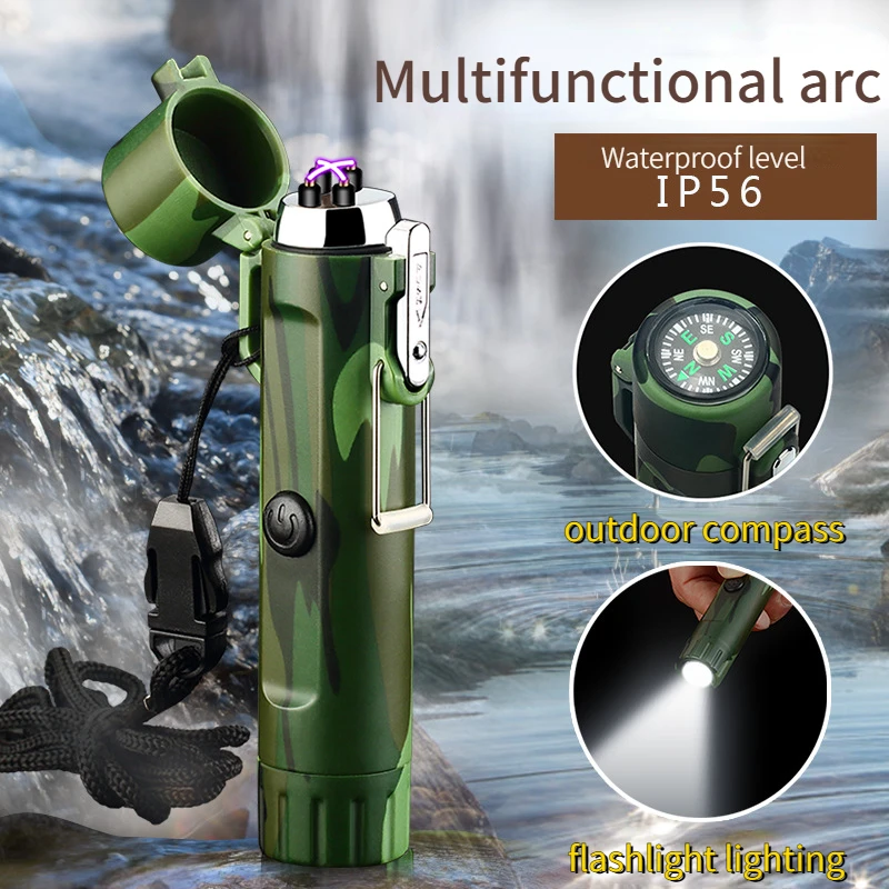 2024 Hot-selling Men's Multifunctional Double Arc Waterproof Lighter with Compass and Luminous Lighting Outdoor Travel Supplies