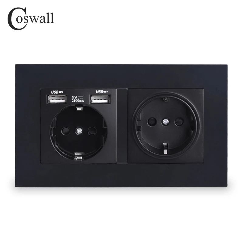 COSWALL 2 Gang Russia Spain EU Standard Wall Socket With 2 USB Charge Port Hidden Soft LED Indicator PC Panel Black White Grey