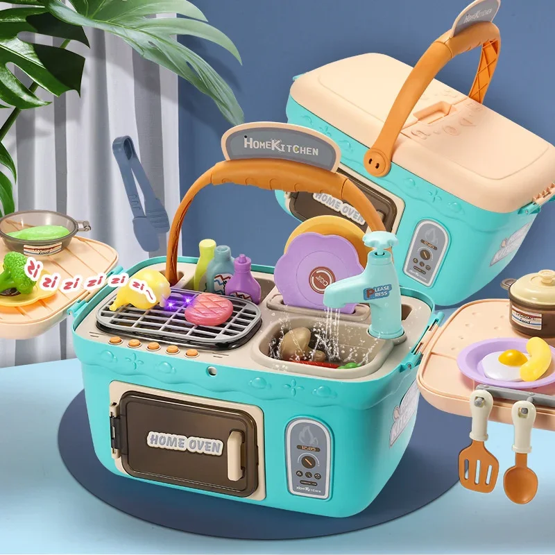 Conjunto de brinquedos de cozinha para casa infantil pode ser usado para água, mala de piquenique para meninos e meninas, churrasco, cozinha, utensílios de mesa educacionais