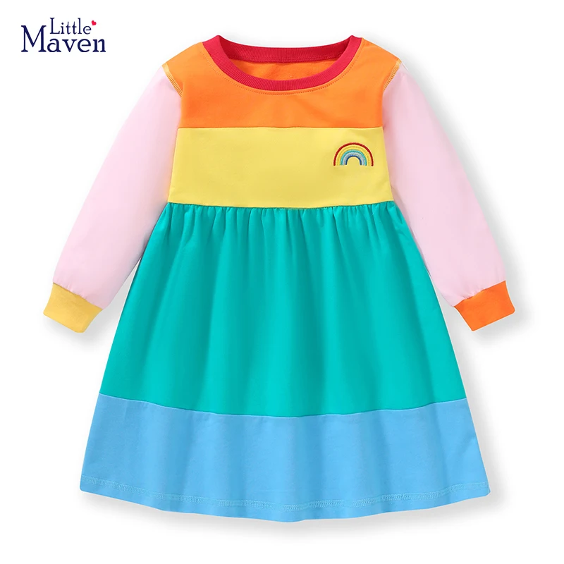 Little maven 2023 Casual Dress Children's Clothing Cotton Baby Girls Cartoon Rainbow Spring and Autumn Clothes Kids Costume