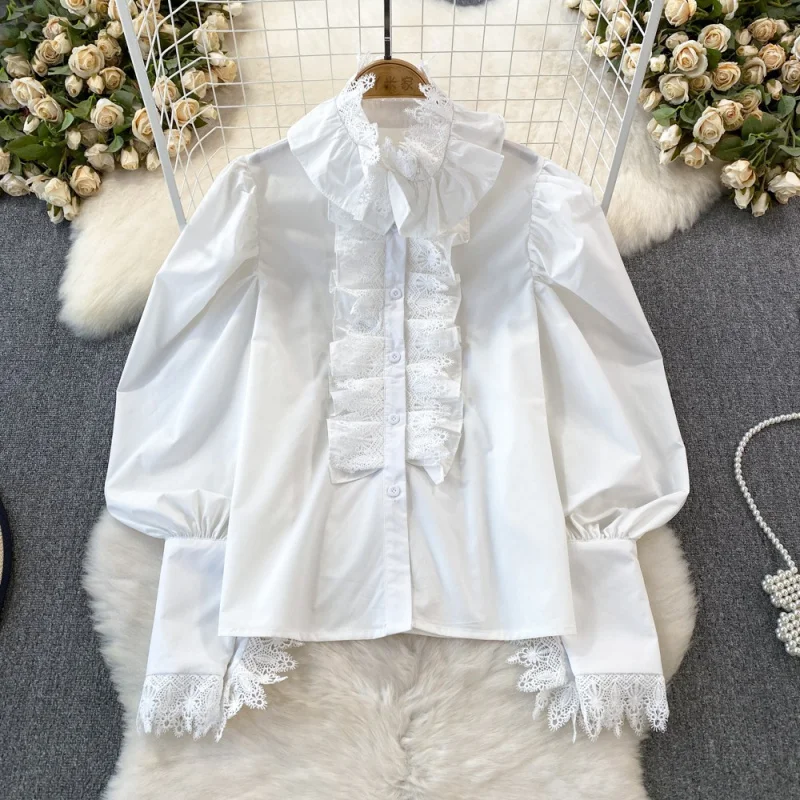 

Style Design Long Sleeve Lace Patchwork Stand-up Collar Single-Breasted White Shirt Women's Casual Coat