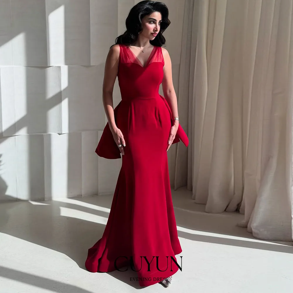 

CUYUN Red Saudi Kuwait Evening Gown V-Neck Sleeveless Semi-Mermaid Long Party Gown Customized Formal Event Dress Banquet Dinner