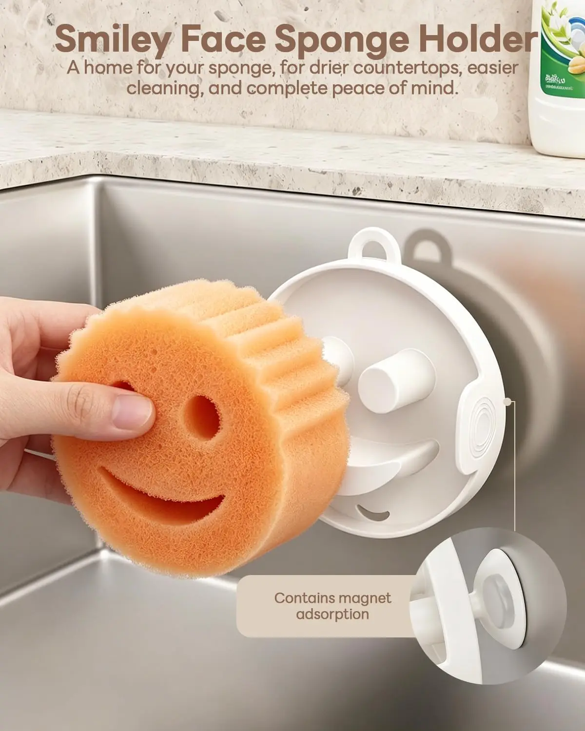 Multifunctional 3-in-1 Smiley Face Kitchen Sponge Holder with Cleaning Handle Magnetic/Hanging/Countertop Mount Kitchen Tools