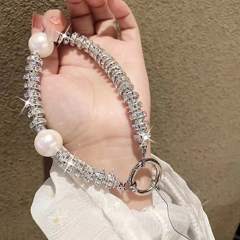 Sparkling con diamantes teléfono móvil pulsera mano cuerda anti-perdida muñeca cordón colgante cuentas colgante hecho a mano de