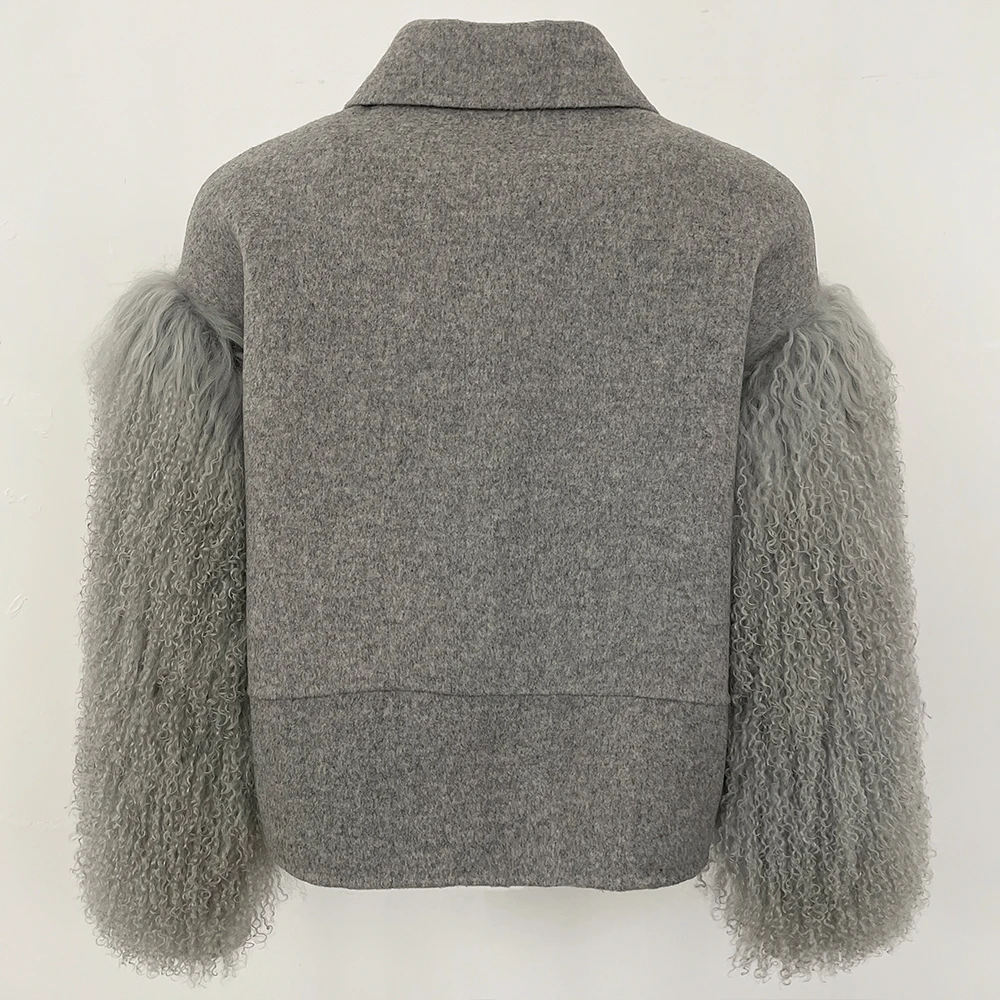 OFTBUY réel manteaux de fourrure mongole femme veste de laine automne manteau de laine poche manches longues femmes recadrée laine mélange vêtements d'extérieur