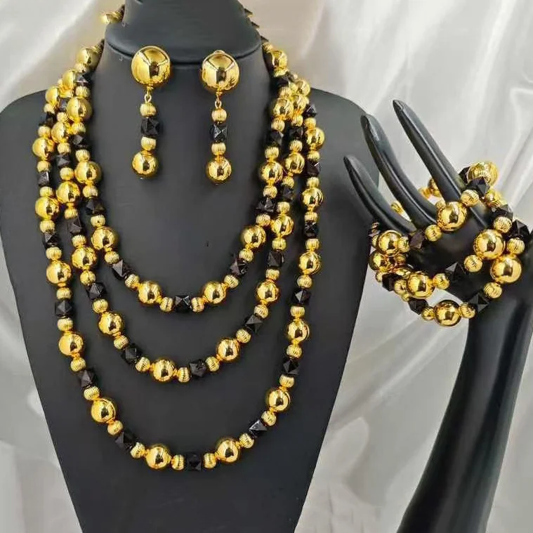 

Women Fashion Classical Gold Long Chain Necklace Earring Set Copper Pearl Ball Middle Eastern Jewelry Set