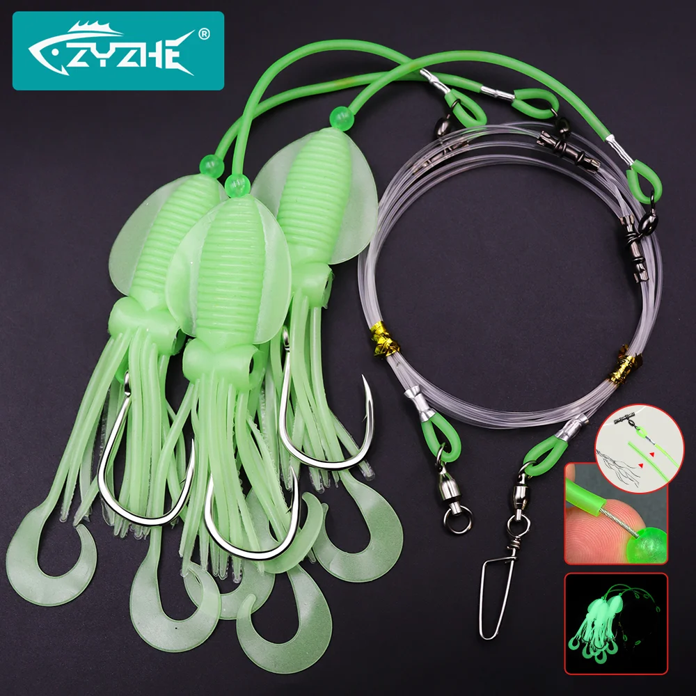 ZYZHE 1 Stück Tiefwasser-Rigs mit leuchtendem Tintenfischköder und hochfesten großen Fischhaken für Thunfisch, Marlin, Schwertfisch, Hoch- und Tiefwasser-Rigs