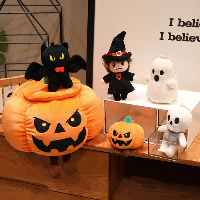 Halloween Pumpkin Storage Plush Pillow, Cute Ghost Skeleton Bat Witch Mini Plush Keychain Trick or Treat Stuffed Doll for Gifts.