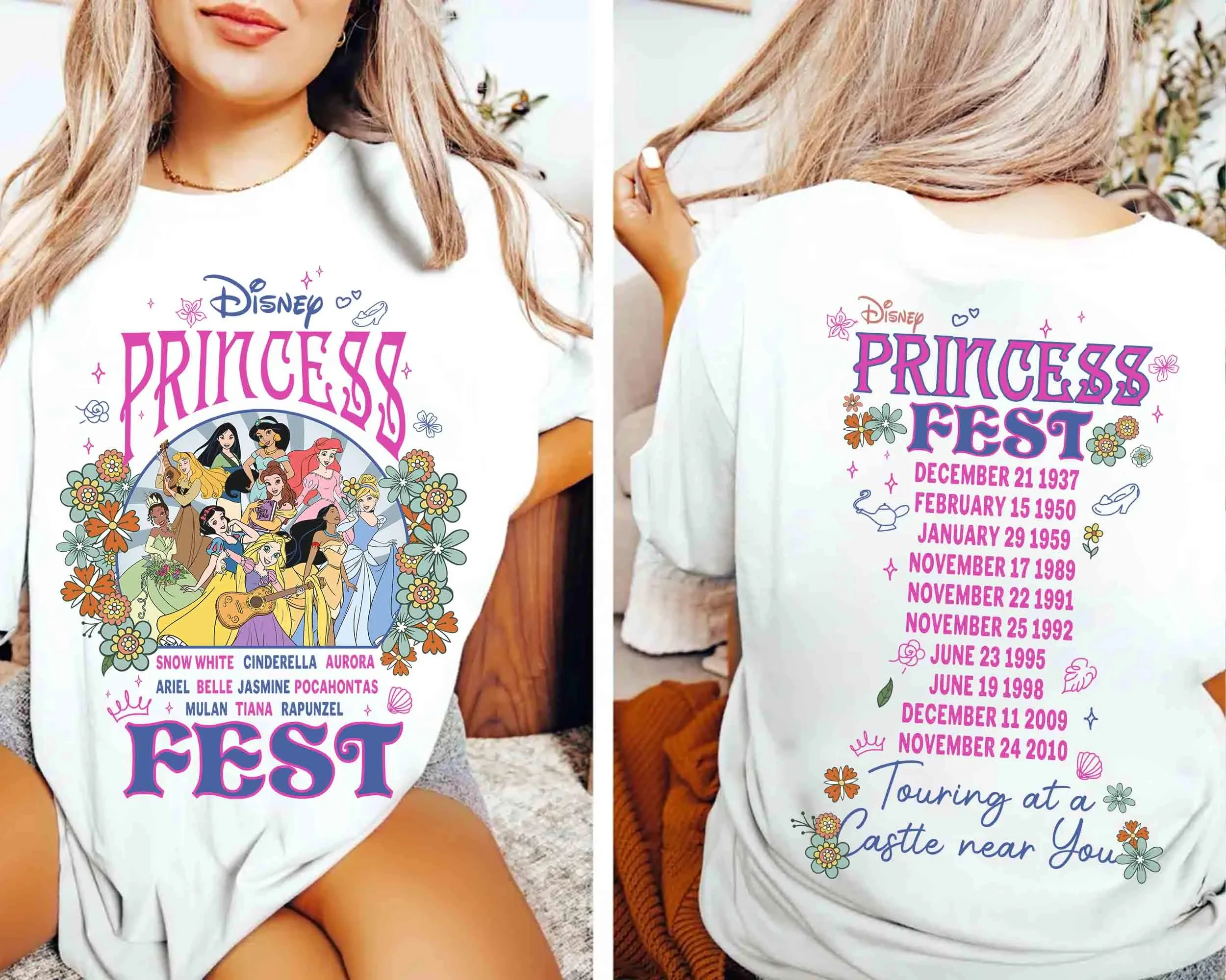 

Новая модная рубашка принцессы Festival 2025 года, футболка принцессы группы, Белоснежка, Тиана, Белль, Ариэль, Maigc Kingdom, для девочек, путешествие