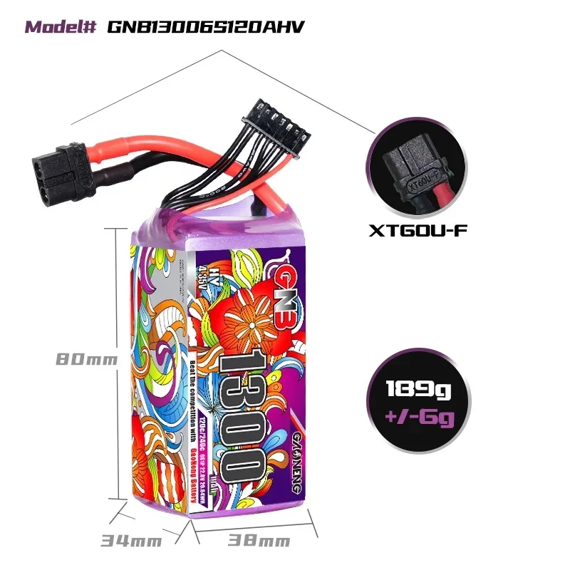 GAONENG GNB 1300mAh 6S 22.8V 120C Light Weight High Power Long Fly Time LiHV Lipo Battery With XT60 Plug For FPV Racing Drone