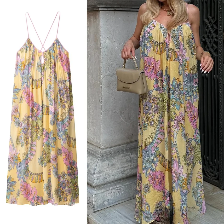 ชุดเดรสสายเดี่ยวพิมพ์ลาย KONDALA สำหรับวันหยุดฤดูร้อน ชุดเดรสทรงหลวมแบบสายเดี่ยวบางเบาสำหรับผู้หญิง แฟชั่นฤดูใบไม้ร่วงปี 2025 ชุดเดรสลำลองสไตล์ชายหาด โรแมนติก สำหรับสุภาพสตรี