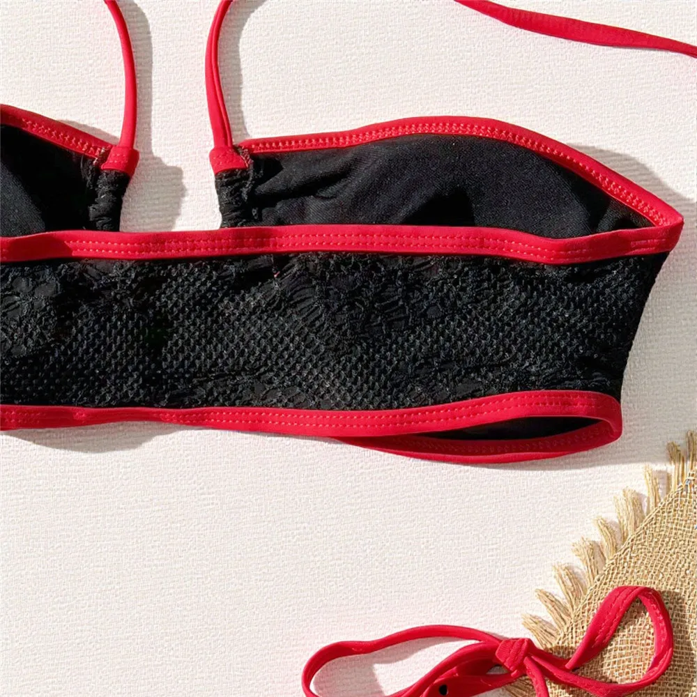 ชุดว่ายน้ำบิกินี่ไมโครที-แบ็คสีดำเซ็กซี่ ผ้าลูกไม้ผูกเชือก ชุดว่ายน้ำผู้หญิงแบบผูกคอ ปี 2026 ชุดว่ายน้ำผู้หญิง ชุดบิกินี่ผู้หญิง