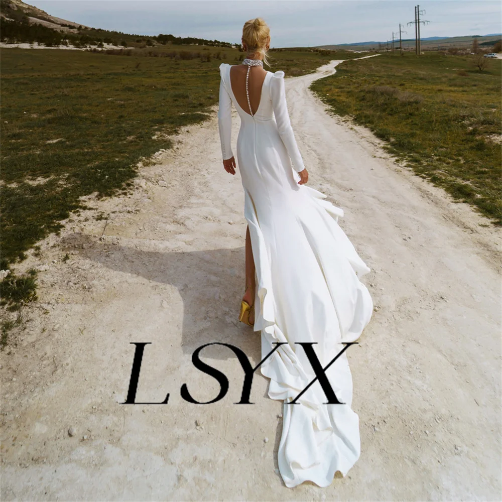 LSYX Customized Halter Long Puff Sleeves Rhinestone Crepe Mermaid Wedding Illusion Button Back Side Slit Court Train Bridal
