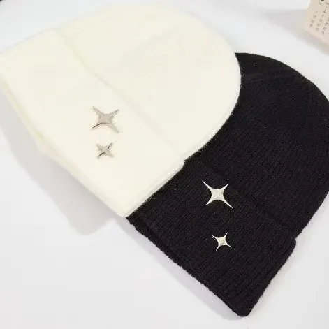Women Autumn Winter Large Brim Knit Hat, 4-Point Star Bow Knot Head Cover Cap, Versatile Headwear for Travel Street Daily Wear