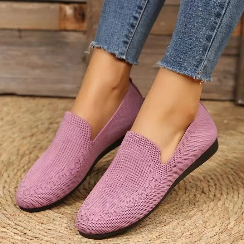 Mocassins deslizantes rasos femininos, sapatos de malha casual, respirável, tamanho grande, simples, cor sólida, novo, outono, 2022