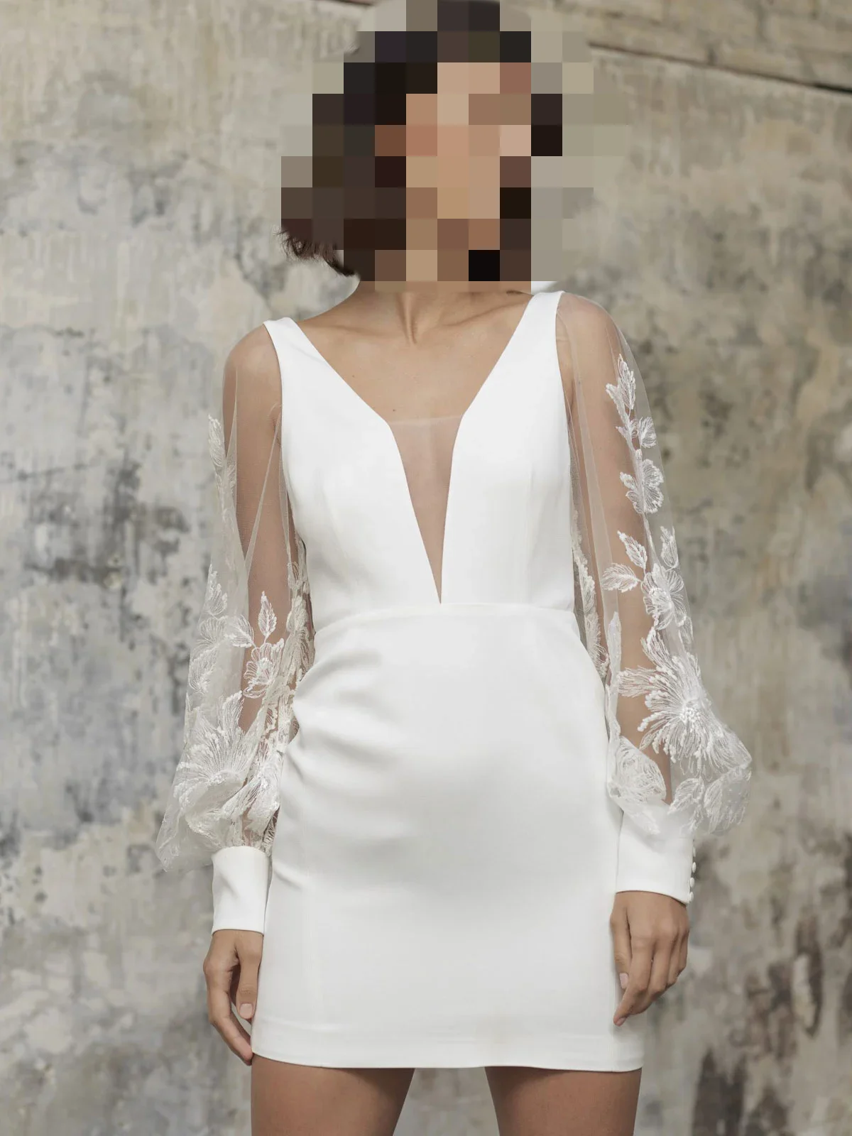 

White V Neck Wedding Dresses Women Short Lace Long Sleeves Backless Sheath Satin Formal Evening Dresses Customized